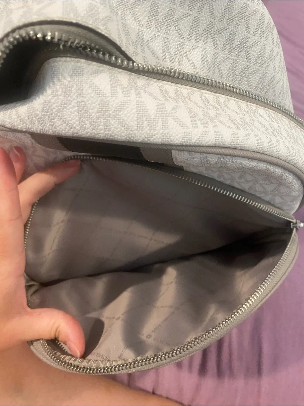 Michael Kors White Monogram Backpack with Black Center Stripe